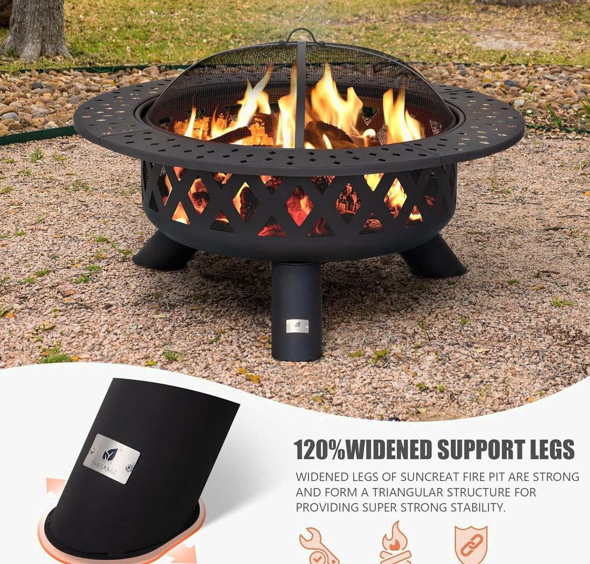 SUNCREAT 42” Patio Fire Pit Wood Burning with Mesh Spark Screen, Bonfire Outdoor firepit with Fireplace Poker, Black