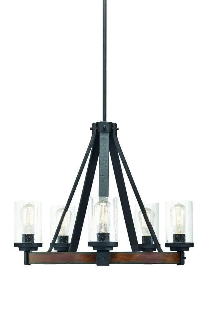 5-Light Distressed Black And Wood Tone Clear Seeded Glass Candle Chandelier - 24-in W x 24-in D x 19-in H