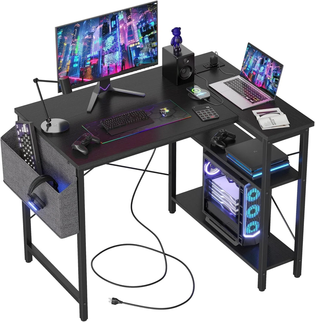 40 Inch L-Shaped Computer Desk With Power Station And Storage Shelves