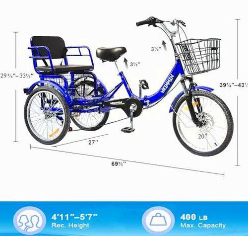 Tricycle 7 Speed, 20 inch 3 Wheel Bikes Folding Tricycle for Adults Star Strip Blue