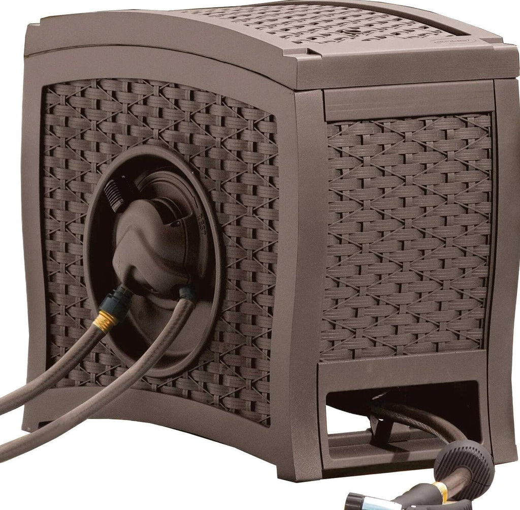Suncast Aquawinder 125?? Wicker Garden Hose Reel ?C Lightweight Portable Hands ?C Free Water Powered Retractable Hose Reel ?C Java