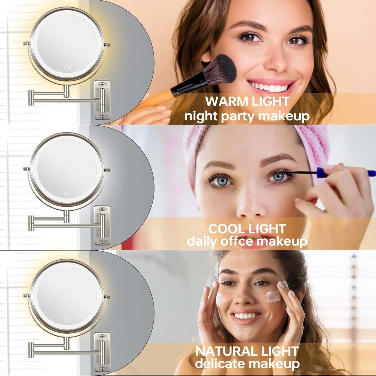 8 Inch Round Wall-Mounted Makeup Mirror, Rechargeable, 1X/10X Magnification, 3-Color LED Lights