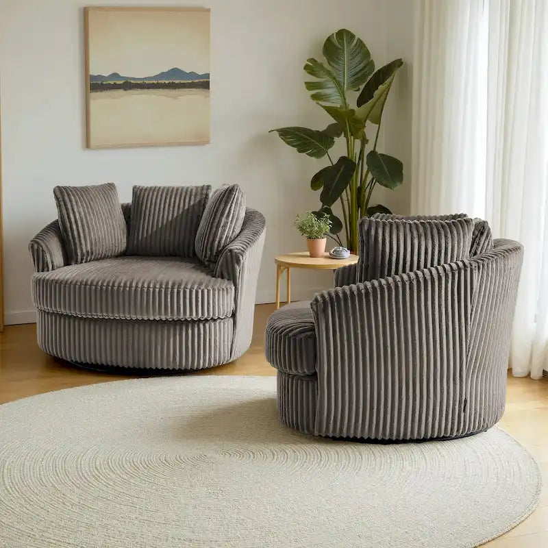2-Piece Oversized 43 W Plush Corduroy Swivel Barrel Chairs With Pillows