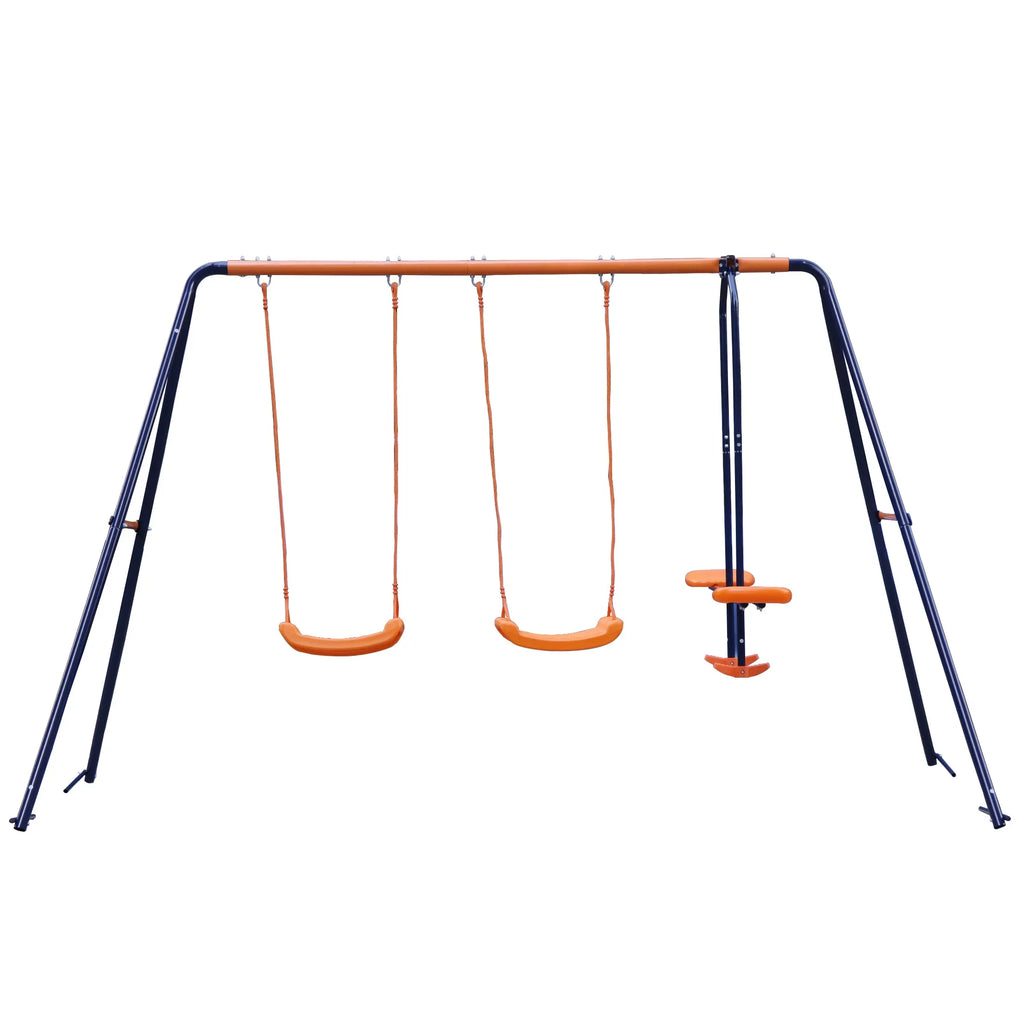 ZenSports Outdoor Double Kids Swing Set With 2 Seats And 1 Glider, Blue And Orange, 440lbs Capacity