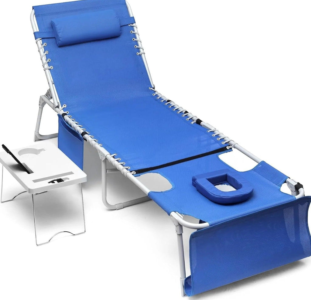 3-in-1 Outdoor Sun Tanning Lounge Chair with Face Hole 5-Position Recliner, Folding Side Table &amp; Removable Pillow, 330lbs Capacity, Blue
