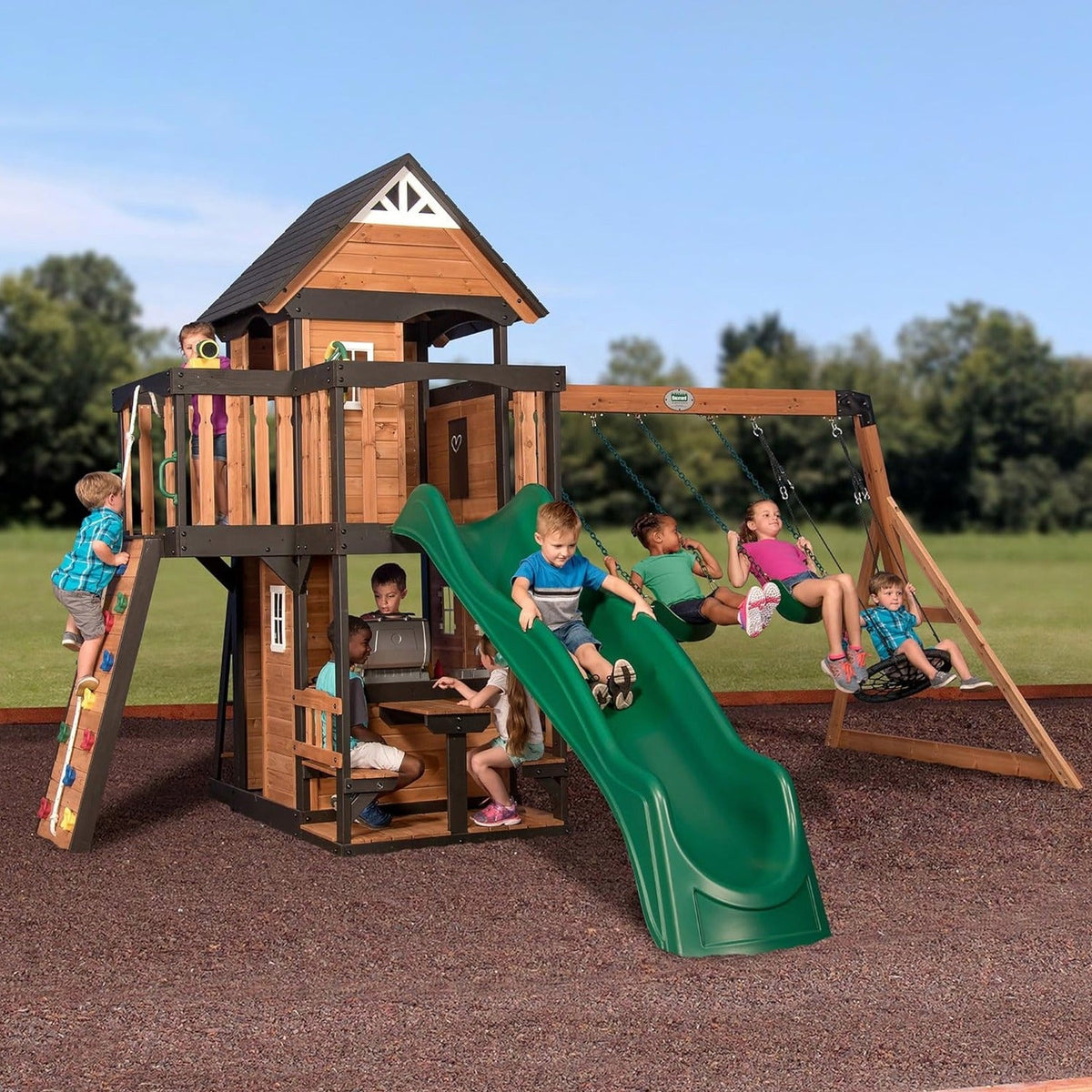 Backyard Discovery Canyon Creek Cedar Wood Swing Set with Wave Slide, Clubhouse, Play Kitchen, Picnic Area, Belt Swings, Web Swing, Rock Wall, Balconies, Playhouse, Step Ladder, Outdoor Playset