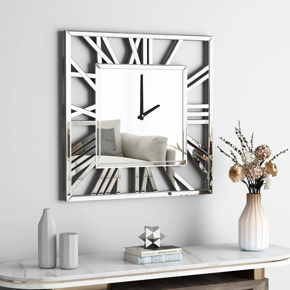 Large Modern Mirrored Wall Clock With Roman Numerals - 32 Inch
