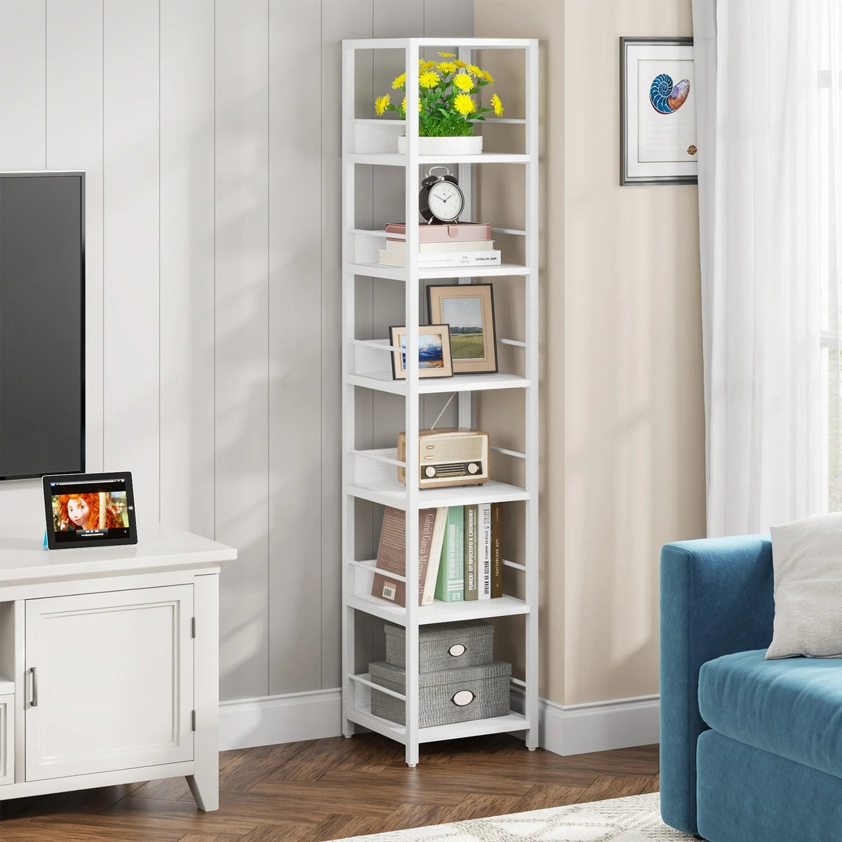 75 Inch Tall Narrow Corner Shelf, 6-Tier Etagere Storage Rack, 13.4 Inch W x 13.3 Inch D x 74.8 Inch H