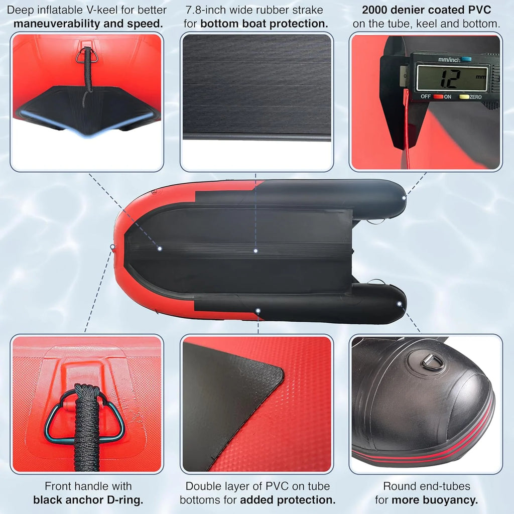 Inflatable Dinghy Fishing Boat, 8'5, 3-Person, Red/Black, Aluminum Floor - BT85RBK
