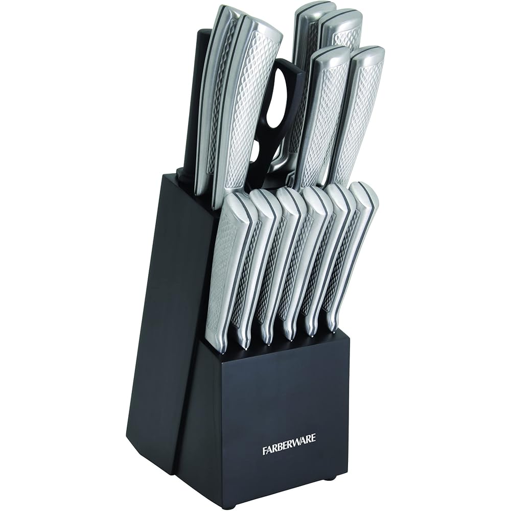 Farberware Textured Grip Stainless Steel Knife Set, 15 Piece, Black