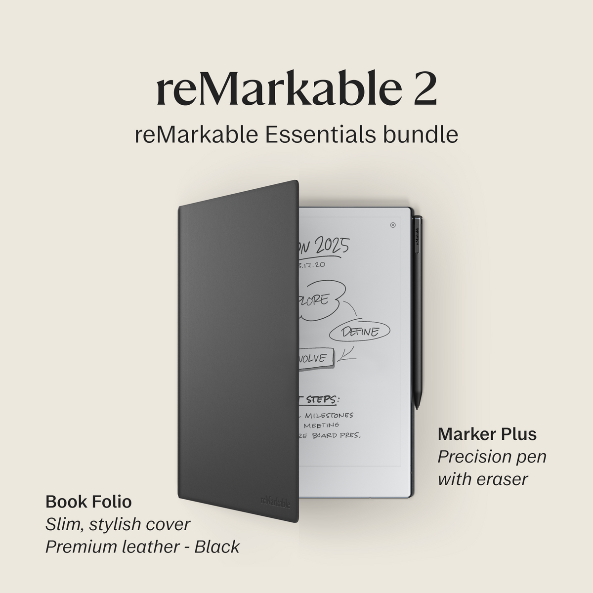 reMarkable 2 10.3 in Paper Tablet With Marker Plus And Premium Leather Book Folio - Black