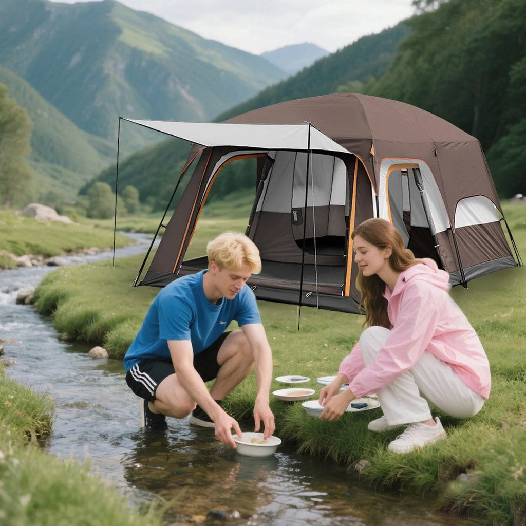 KFeng 12 Person Tents for Camping - 2Rooms 3Doors&amp;3Windows Mesh,Suitable for Outdoor/Picnic,Brown