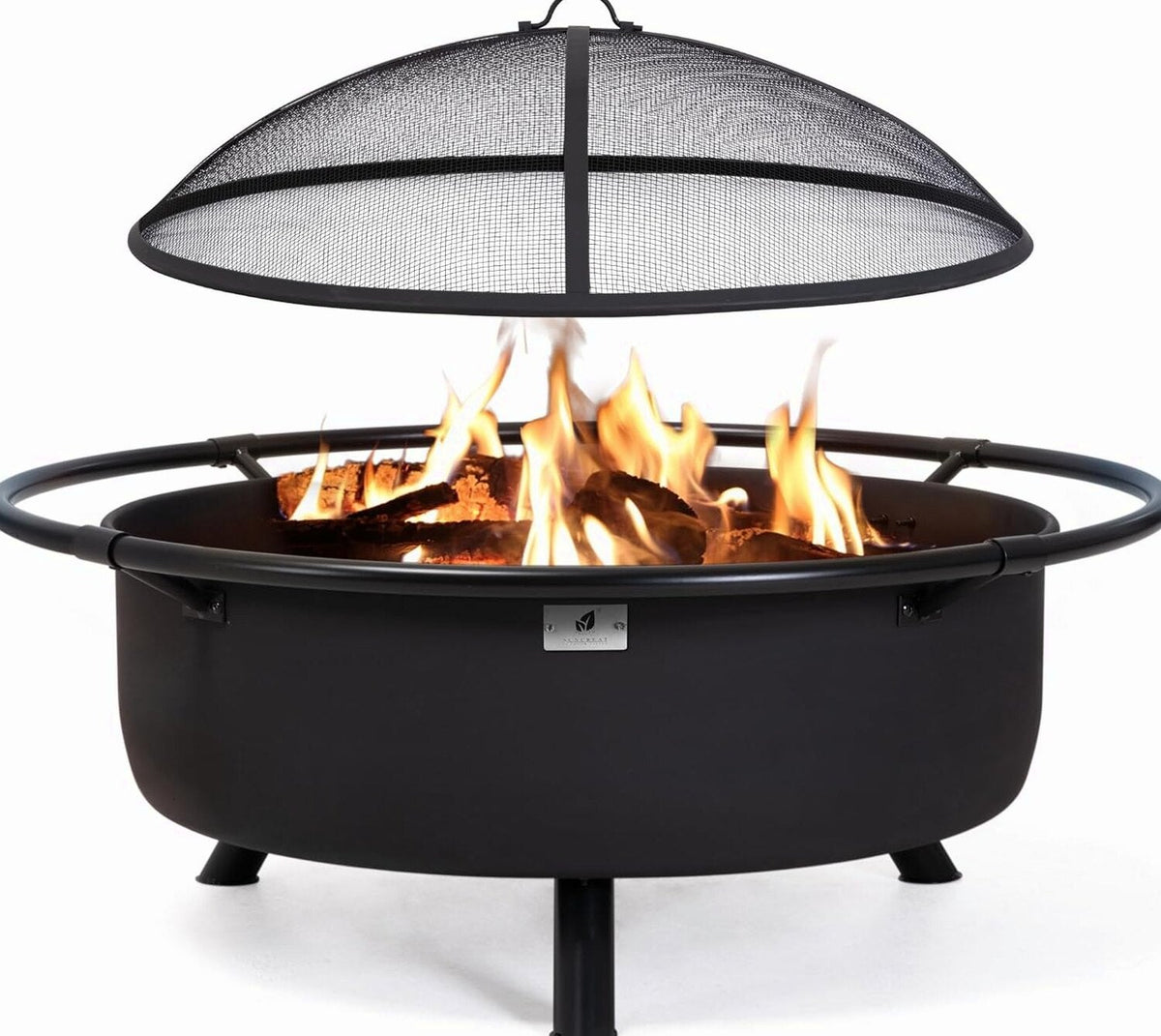 SUNCREAT 42” Patio Fire Pit Wood Burning with Mesh Spark Screen, Bonfire Outdoor firepit with Fireplace Poker, Black