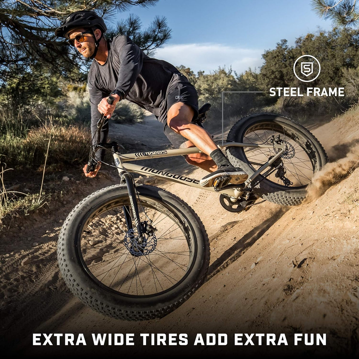 Mongoose Malus Adult Fat Tire Mountain Bike, 26-Inch Wheels, 4-Inch Tires, 7-Speed - R5714C