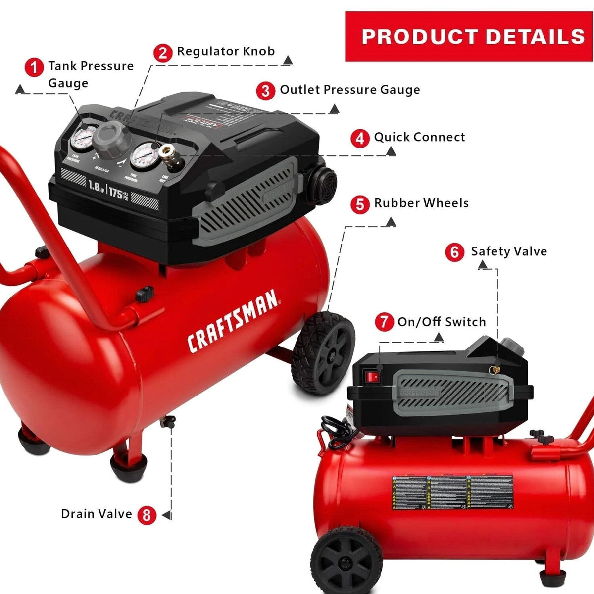 CRAFTSMAN HARD Air Compressor, 10 Gallon 1.8 HP 175 PSI, 4.0CFM@90PSI, Oil Free and Maintenance Free, Portable with Large Wheels, CMXECXA0201041
