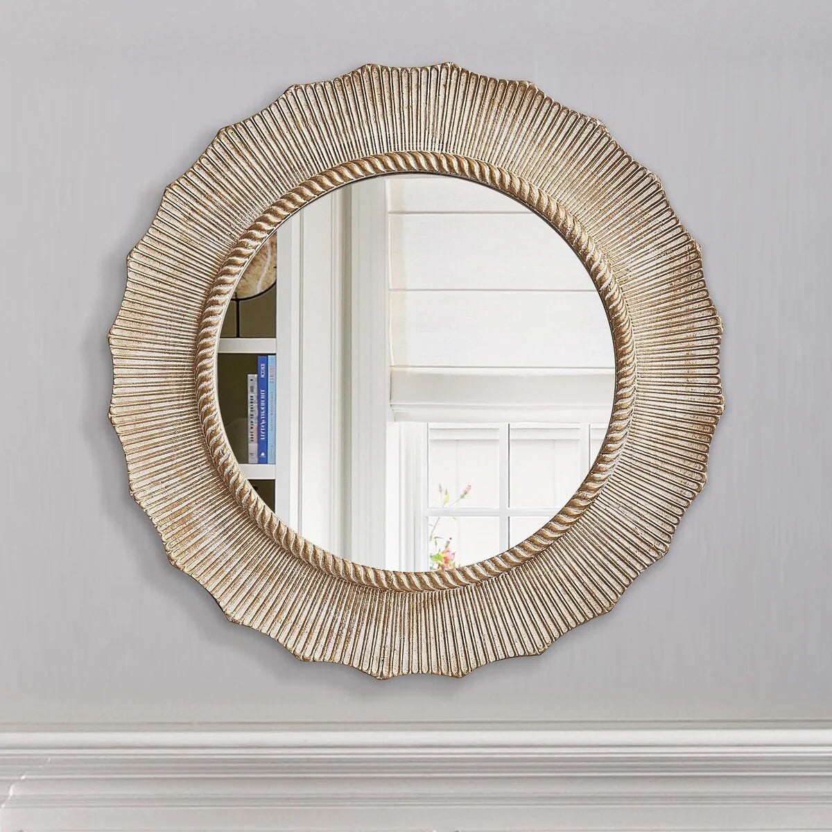 30 Inch Bohemian Beige Round Wood Bathroom Wall Mirror