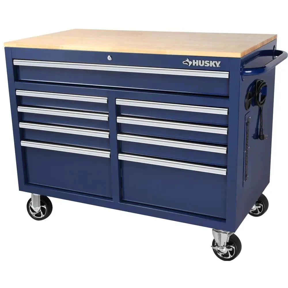 Husky Mobile Workbench With 9 Drawers, Hardwood Top And Power Connection, 117 cm W x 62 cm D - High-Gloss Black