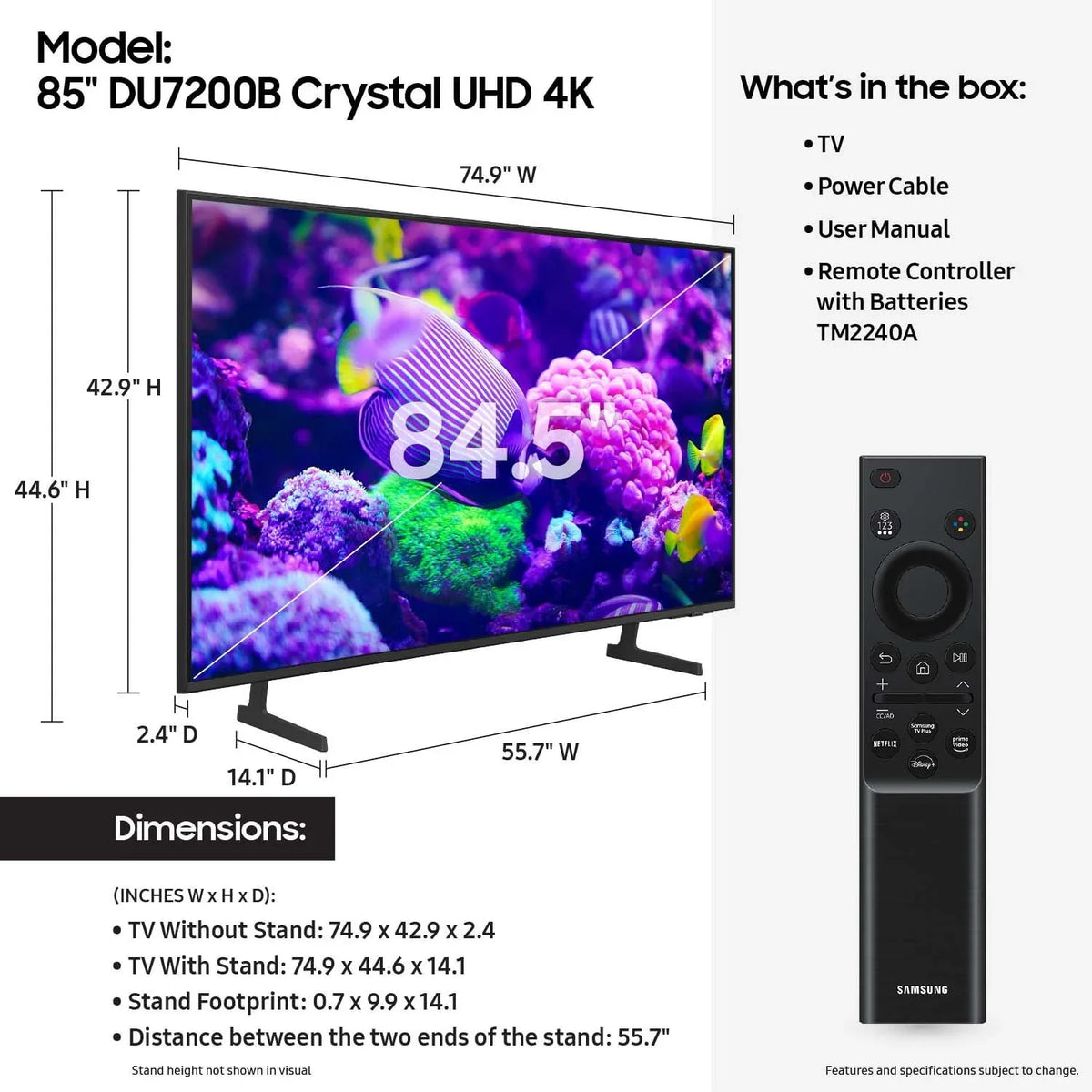 Samsung 85 Inch Crystal UHD 4K Smart TV With PurColor, HDR And Tizen OS - DU7200B