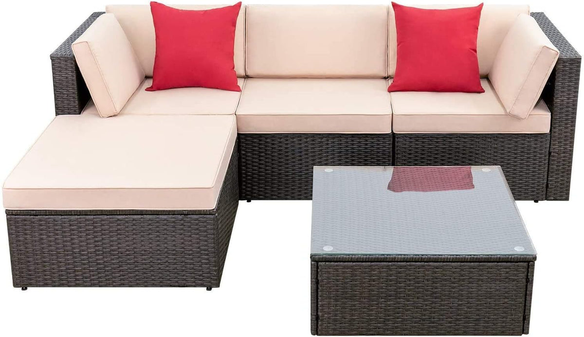 Devoko 5-Piece Outdoor Sectional Patio Sofa Set With Cushions And Glass Table - Beige