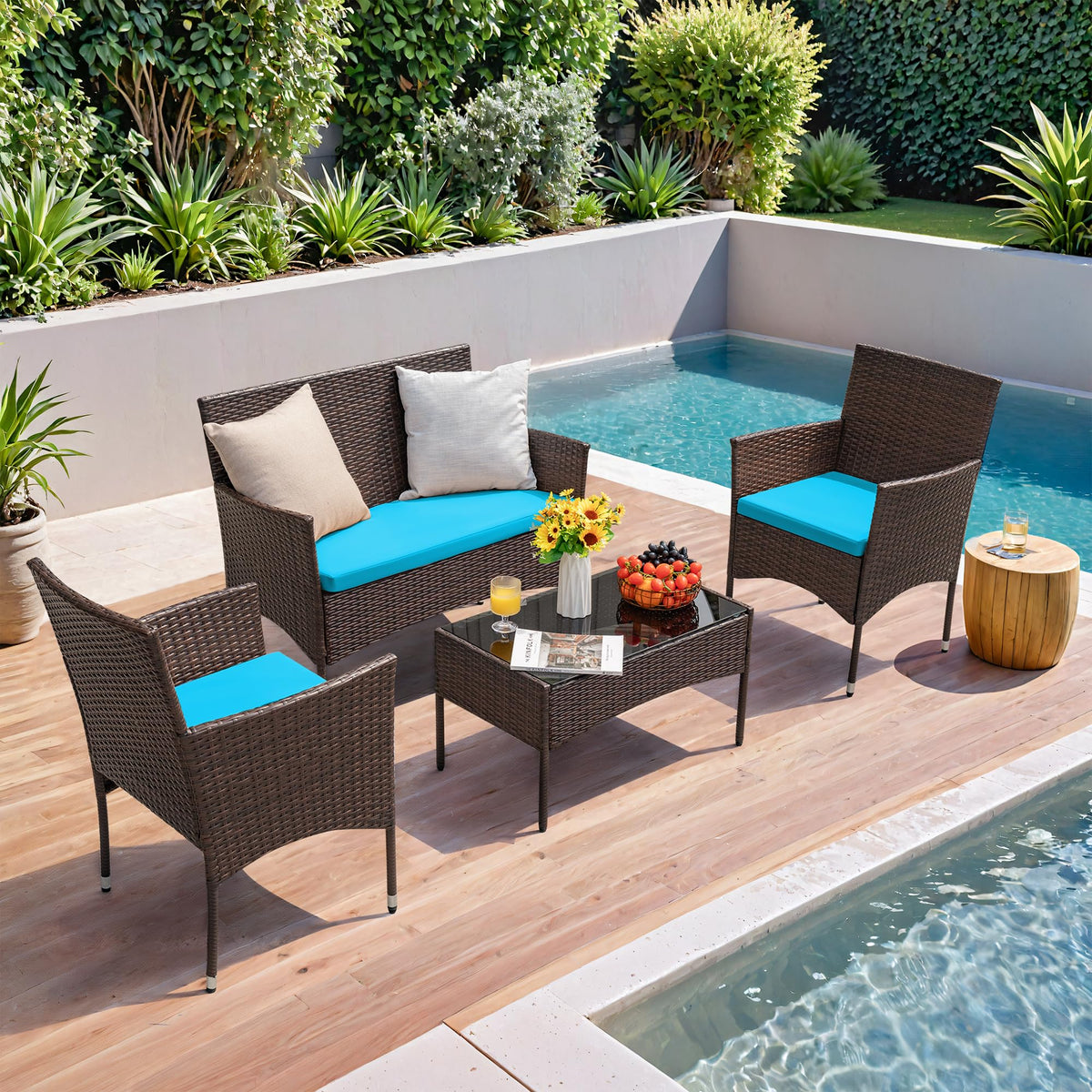 4-Piece Outdoor Patio Furniture Set With Rattan Wicker Chairs, Loveseat And Glass-Top Table