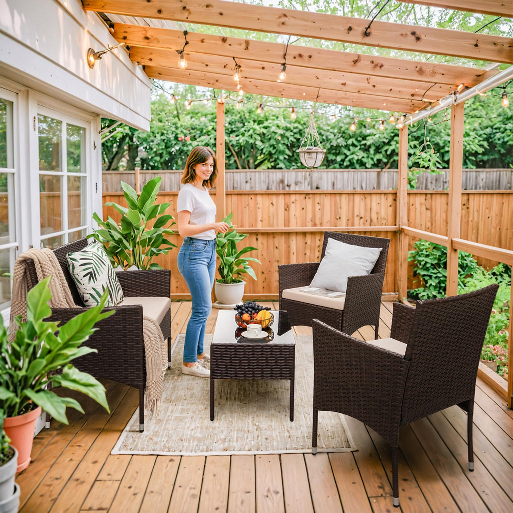 4-Piece Outdoor Patio Furniture Set With Rattan Wicker Chairs, Loveseat And Glass-Top Table