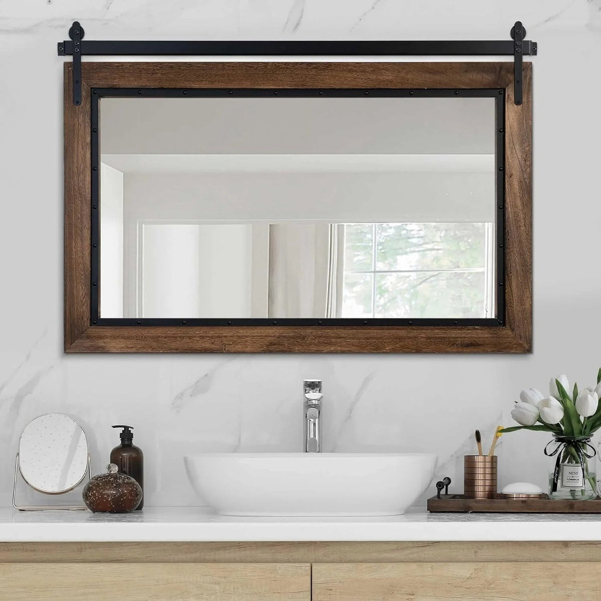 Farmhouse Barn Door Style Bathroom Vanity Mirror, Natural Wood, 24in W x 32in H x 1.25in D to 48in W x 30in H x 1.25in D