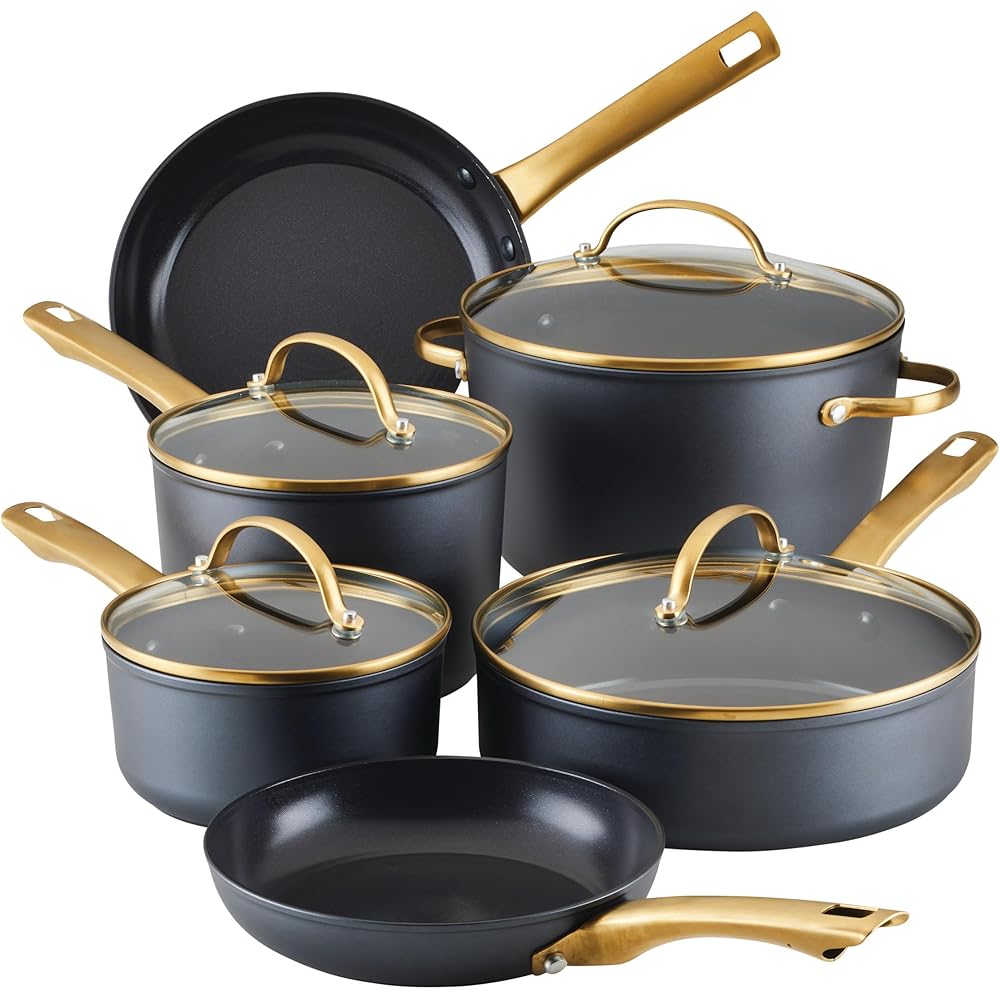 Farberware Forged Induction Ceramic Nonstick 12 Piece Cookware Set With Lids And Cooking Tools - Black And Gold
