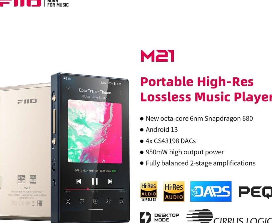 FiiO M21 Android 13 Hi-Res Music Player, Snapdragon 680, Blue-Black
