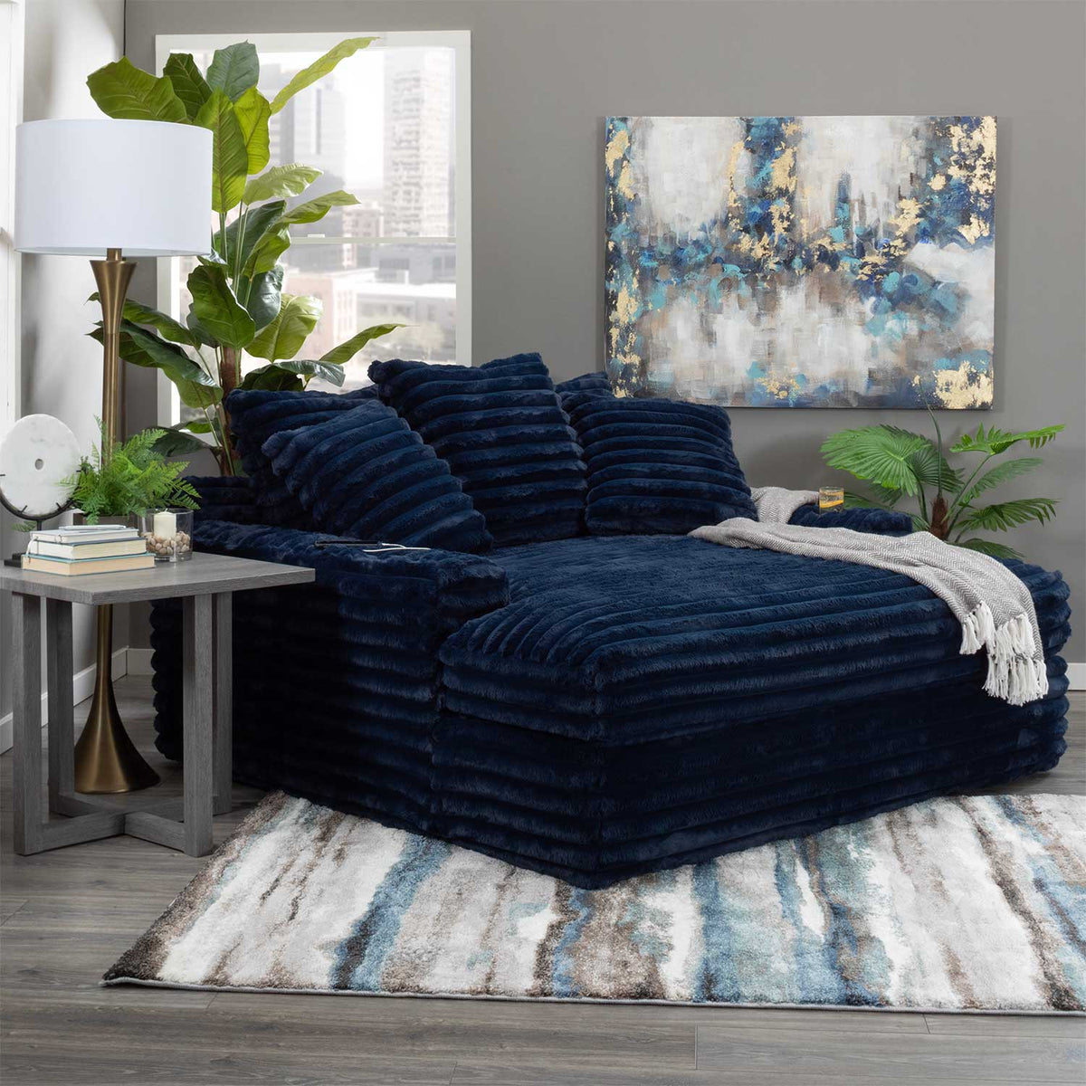 Nestle Corduroy Chaise Lounge With Dual Cupholders And USB Ports
