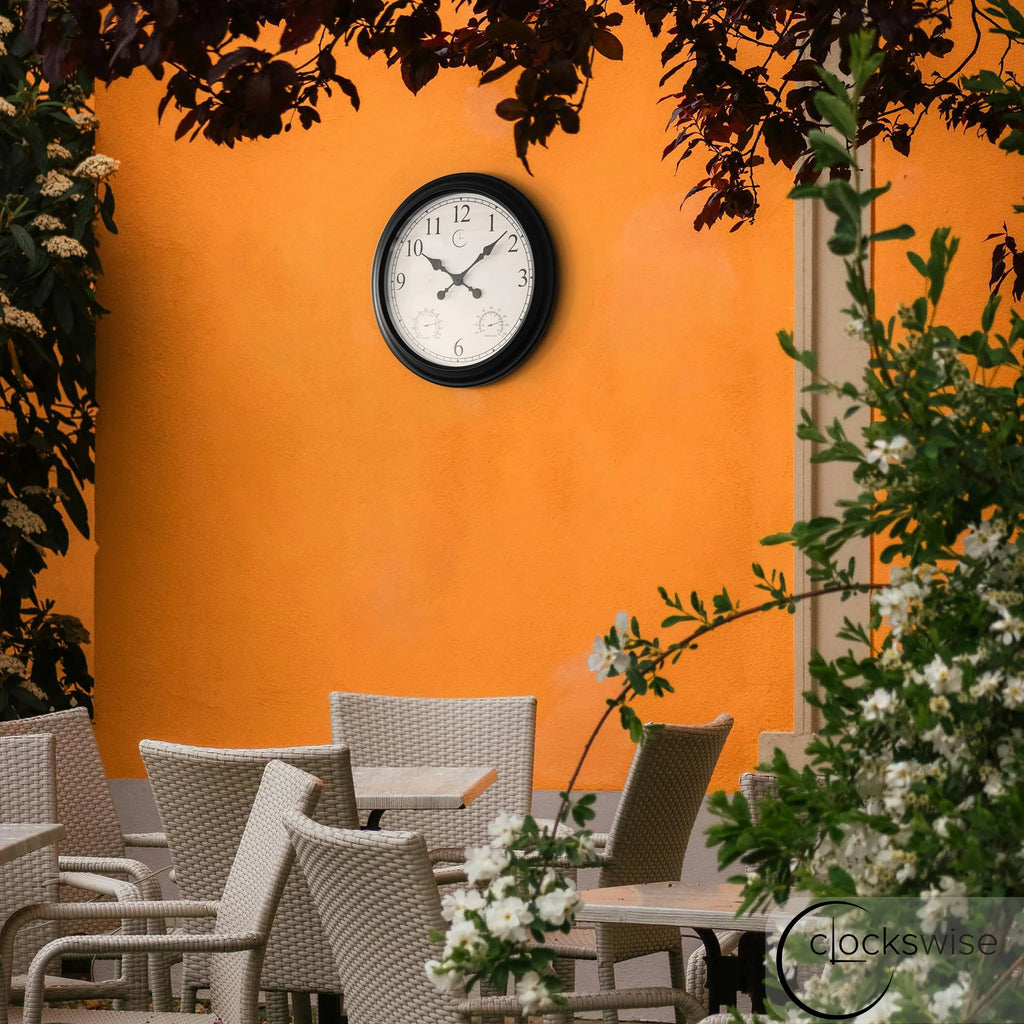 Outdoor Wall Clock With Thermometer And Hygrometer, 24-Inch, Black