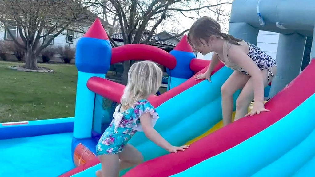 Inflatable Water Slides for Kids 8-in-1 Bounce House Water Park with 450W Blower Climbing Wall, Splash Pool, 2 Water Cannons, Basketball Hoop, Water Slide, Crocodile Sprinkler for Gift Backyard Party