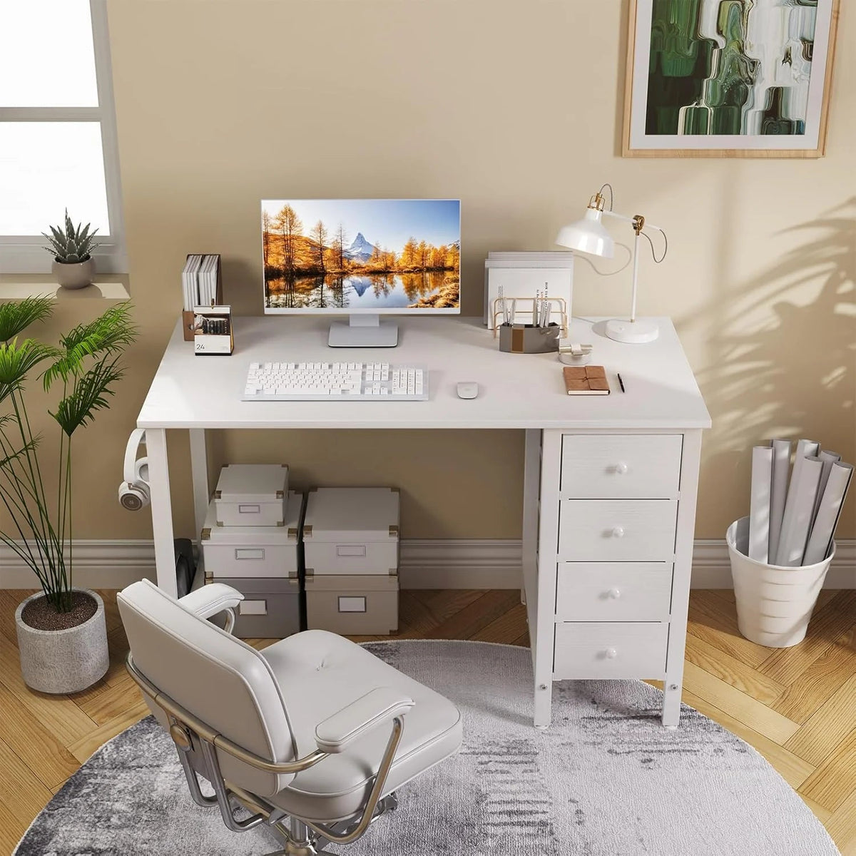 40 Inch Small White Computer Writing Desk With Fabric Drawers