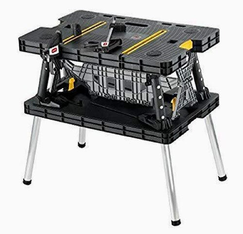 Keter ?C 197283 Folding Table Work Bench for Miter Saw Stand Woodworking Tools and Accessories with Included 12 Inch Wood Clamps ?C Easy Garage Storage Black/Yellow