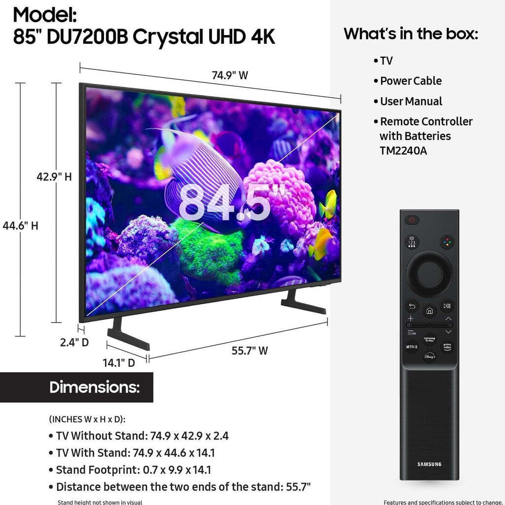 Samsung 85′′ Crystal UHD 4K Smart TV with PurColor &amp; HDR – DU7200B 2024 Model