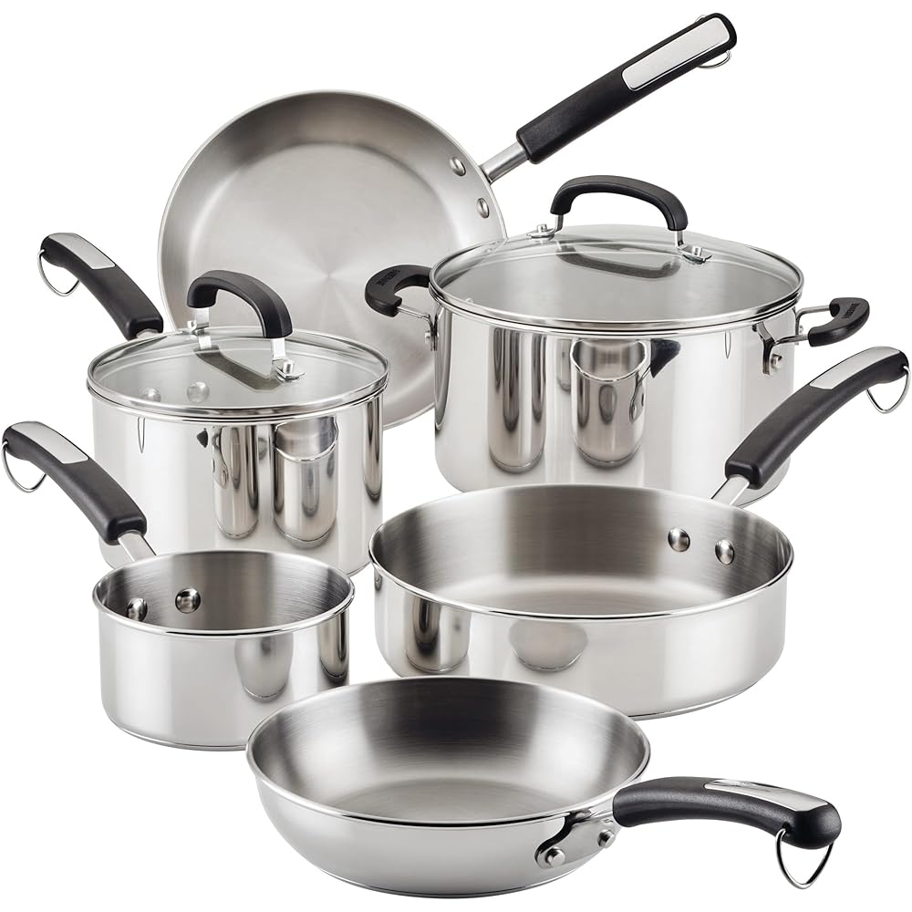 Farberware Brilliance Stainless Steel Cookware Set With Glass Lids And Kitchen Tools, 10 Piece