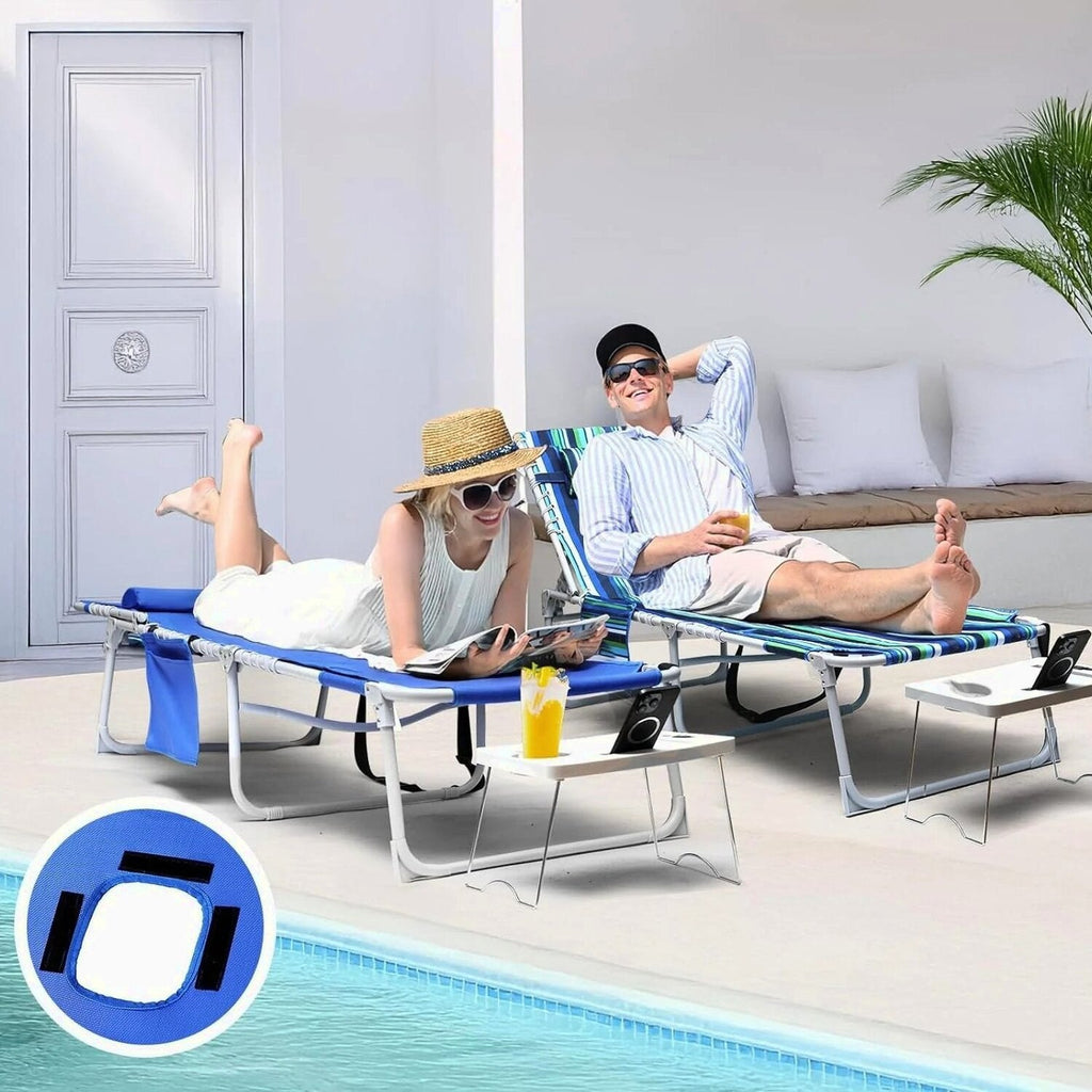 3-in-1 Outdoor Sun Tanning Lounge Chair with Face Hole 5-Position Recliner, Folding Side Table &amp; Removable Pillow, 330lbs Capacity, Blue