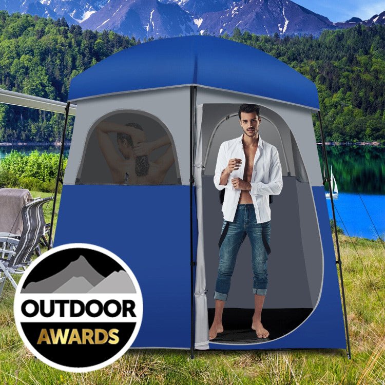 Double-Room Camping Privacy Shower Toilet Tent, Blue, 7ft x 3.5ft x 7ft - With Storage Bag