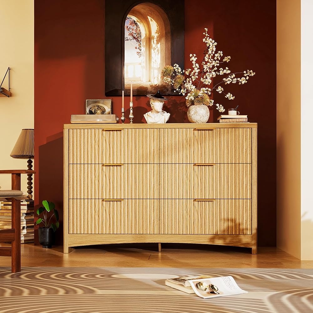 Marsail 6 Drawer Wooden Dresser, Natural Oak, 15.7in D x 47.2in W x 31.7in H