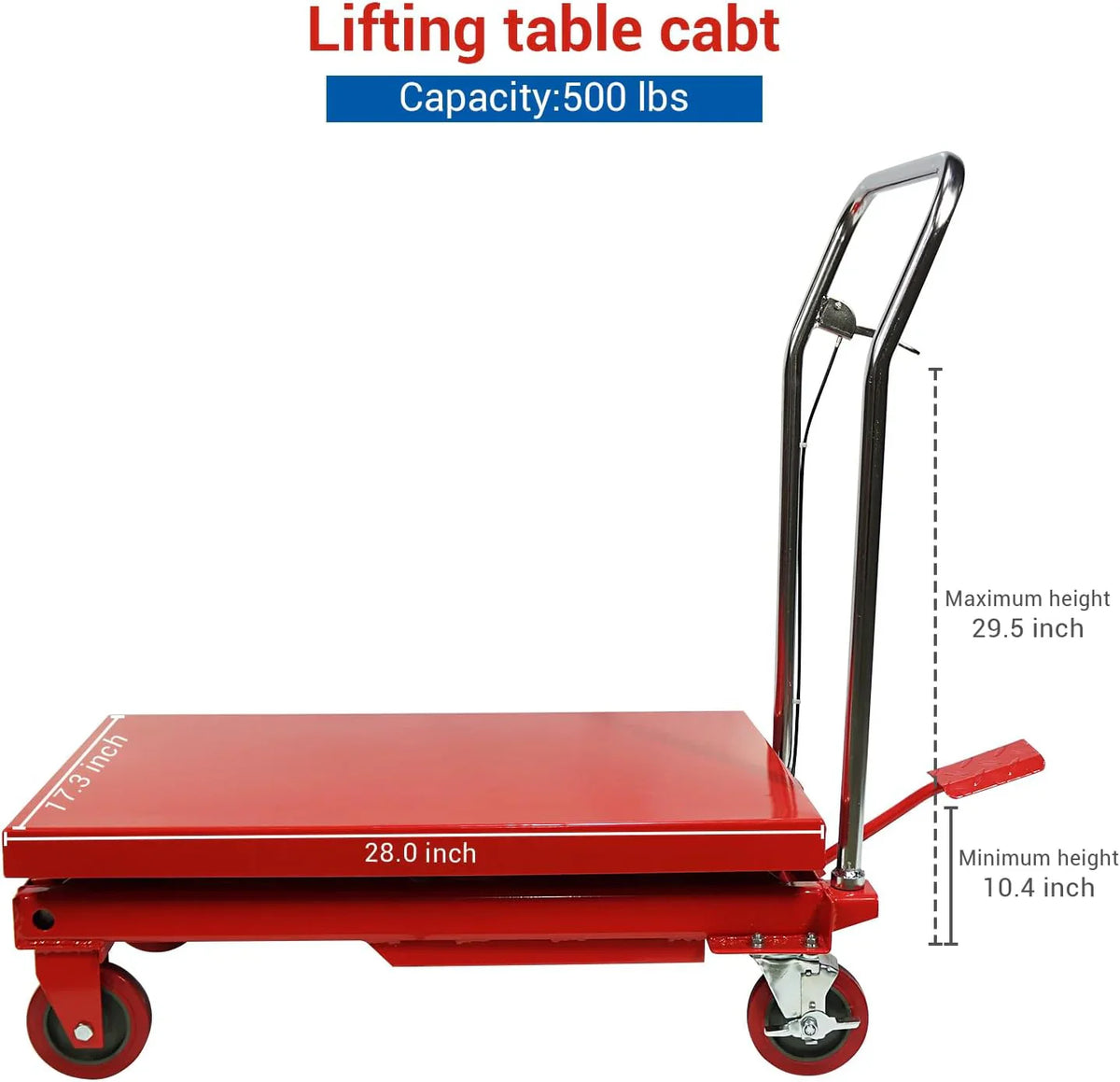 Hydraulic Double Scissor Lift Table Cart, 500 lbs, 30 inch Lifting Height