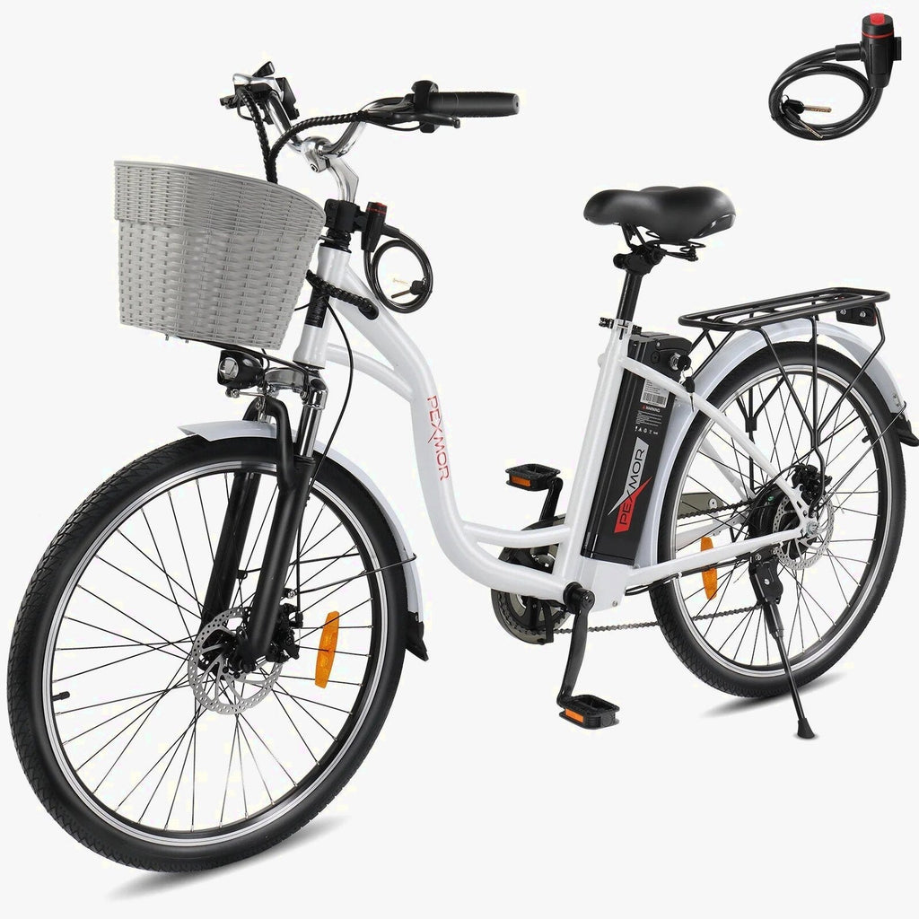 PEXMOR Electric Bike for Adults 350W (Peak 500W) City Commuter Ebike 36V 12.5AH Removable Battery 26" Cruiser Electric Bicycle Shimano 6-Speed | Dual Shock Absorber | Basket