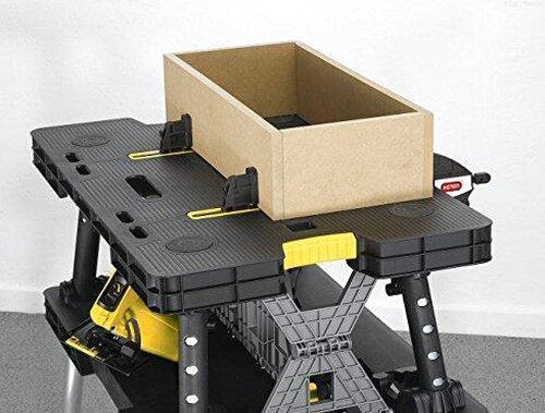 Keter ?C 197283 Folding Table Work Bench for Miter Saw Stand Woodworking Tools and Accessories with Included 12 Inch Wood Clamps ?C Easy Garage Storage Black/Yellow