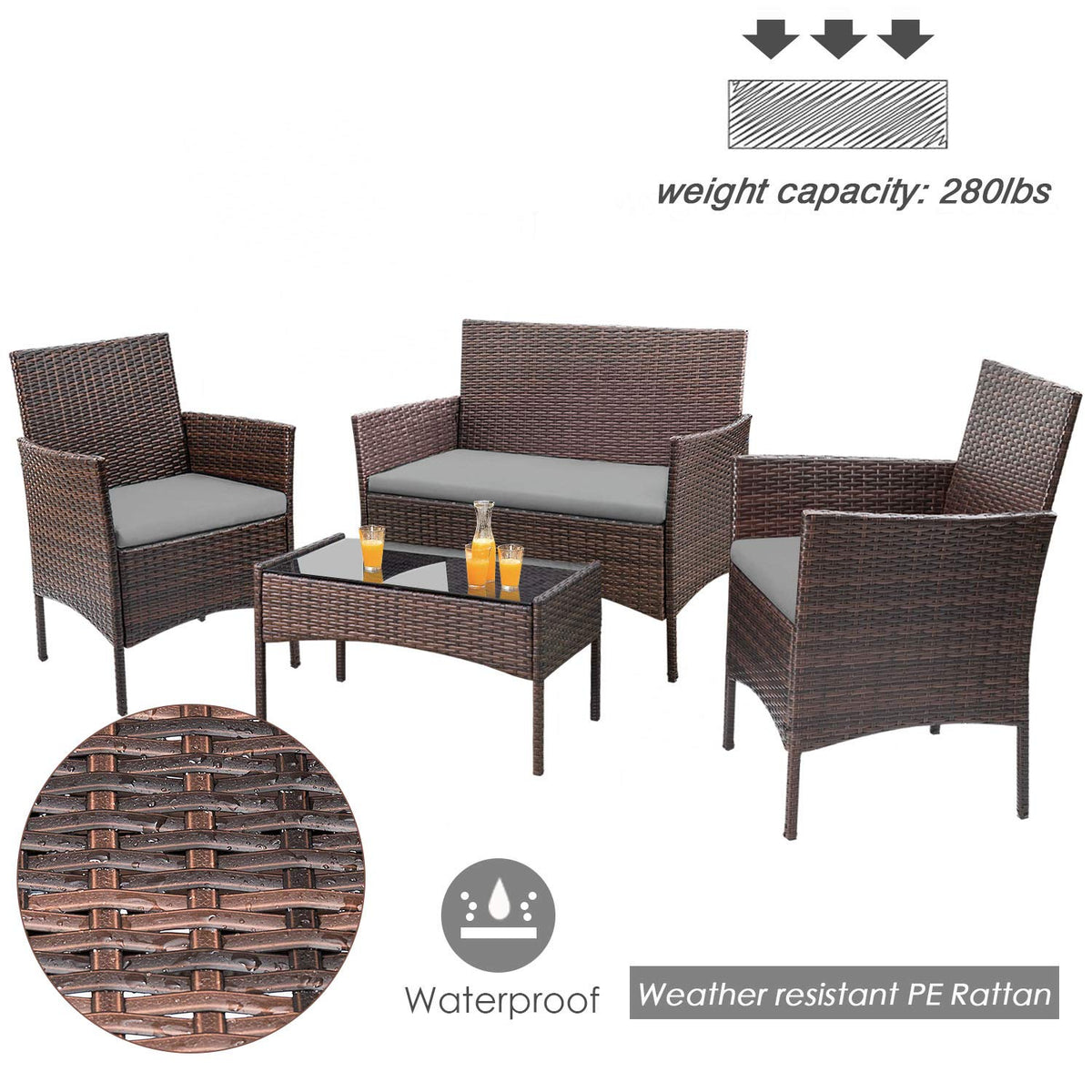 4-Piece Outdoor Patio Furniture Set With Rattan Wicker Chairs, Loveseat And Glass-Top Table