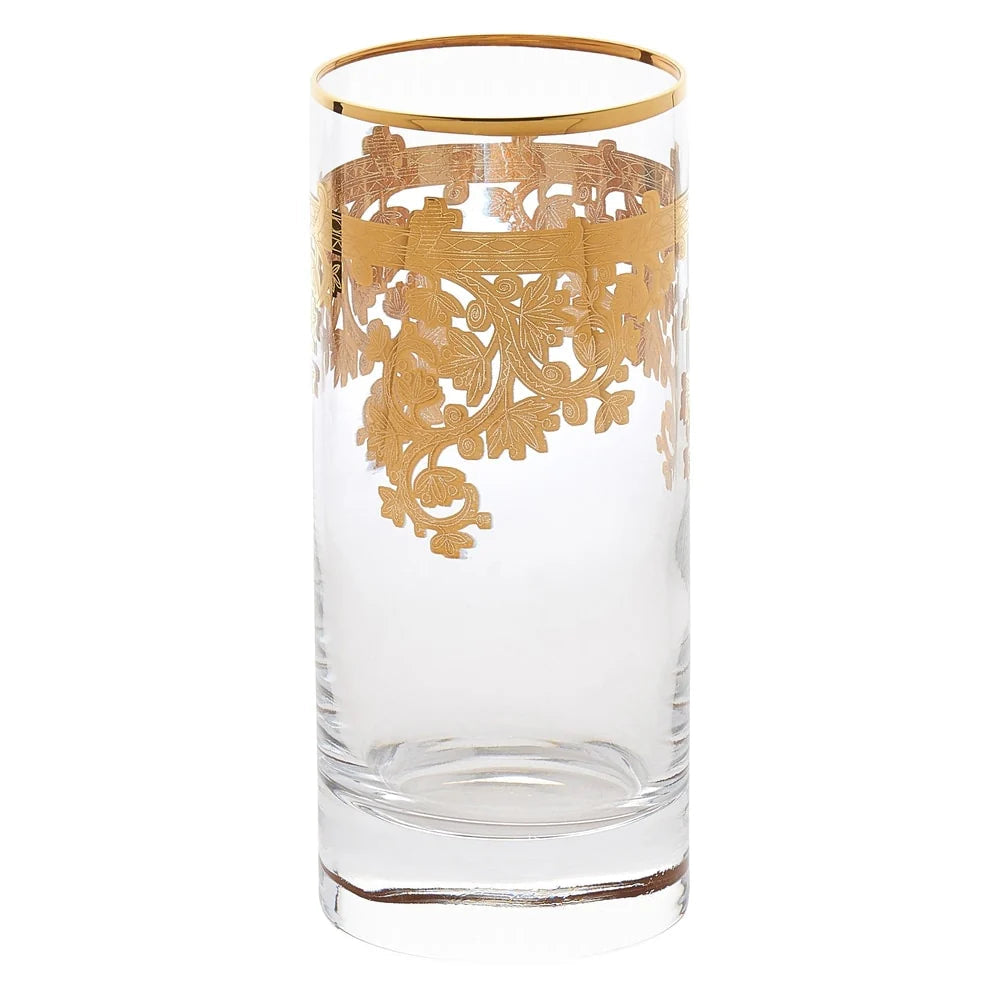 24K Gold Embellished Crystal Highball Tumblers, Set Of 4, 11 oz - Made In Italy
