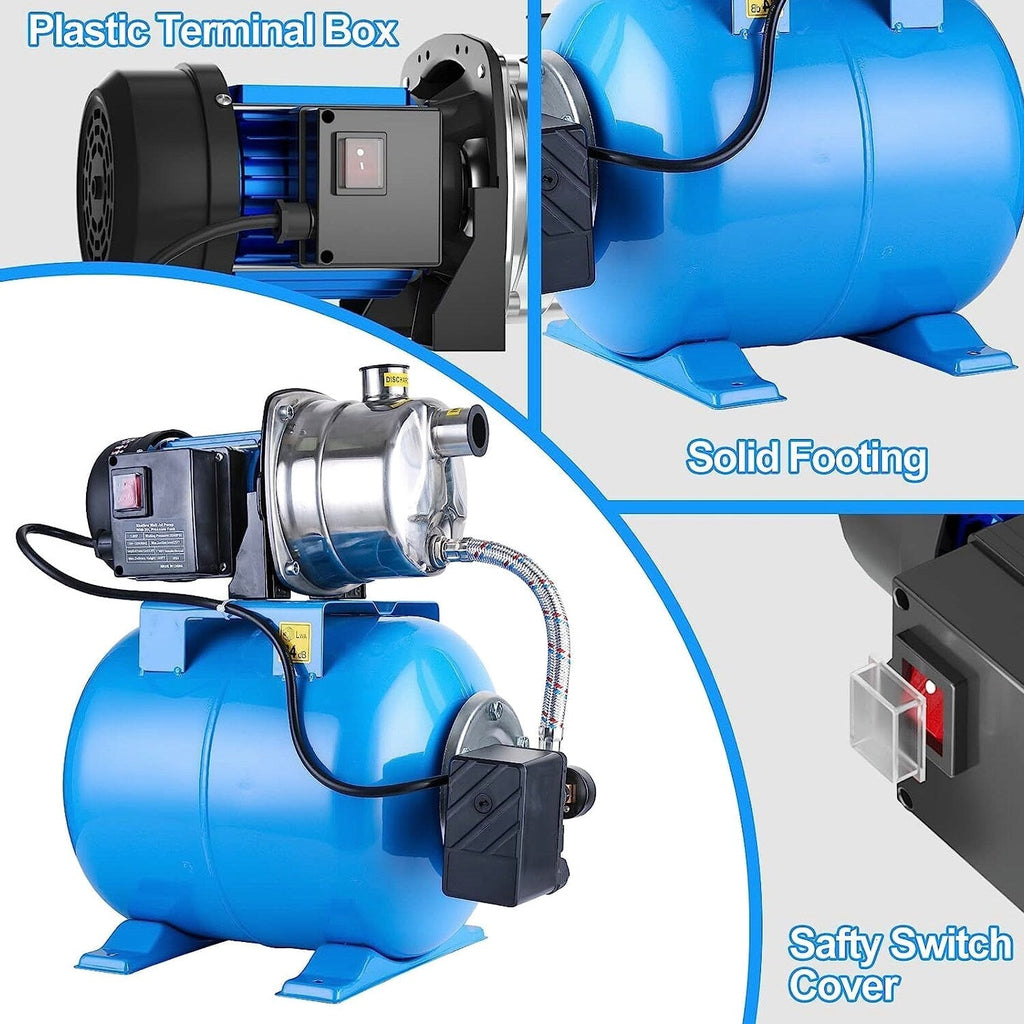 1.6HP Shallow Well Pump with Pressure Tank 1268 GPH Stainless Steel Jet Pump Transfer Drainage Booster Pump Garden Sprinkler System Water Pump for Home Garden Lawn Irrigation