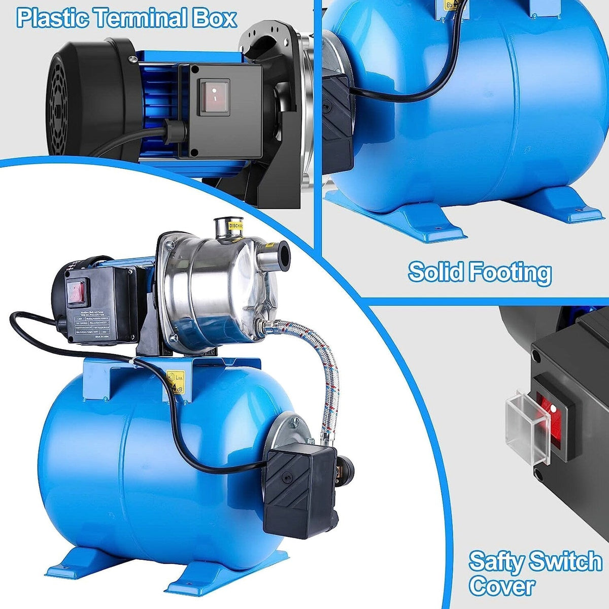 1.6HP Shallow Well Pump with Pressure Tank 1268 GPH Stainless Steel Jet Pump Transfer Drainage Booster Pump Garden Sprinkler System Water Pump for Home Garden Lawn Irrigation