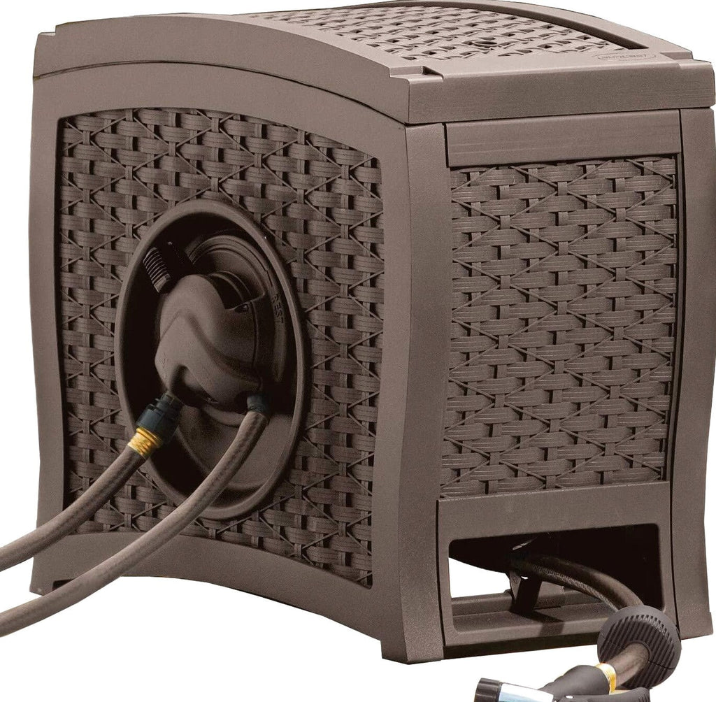 Suncast Aquawinder 125 Wicker Garden Hose Reel Lightweight Portable Hands Free Water Powered Retractable Hose Reel Java