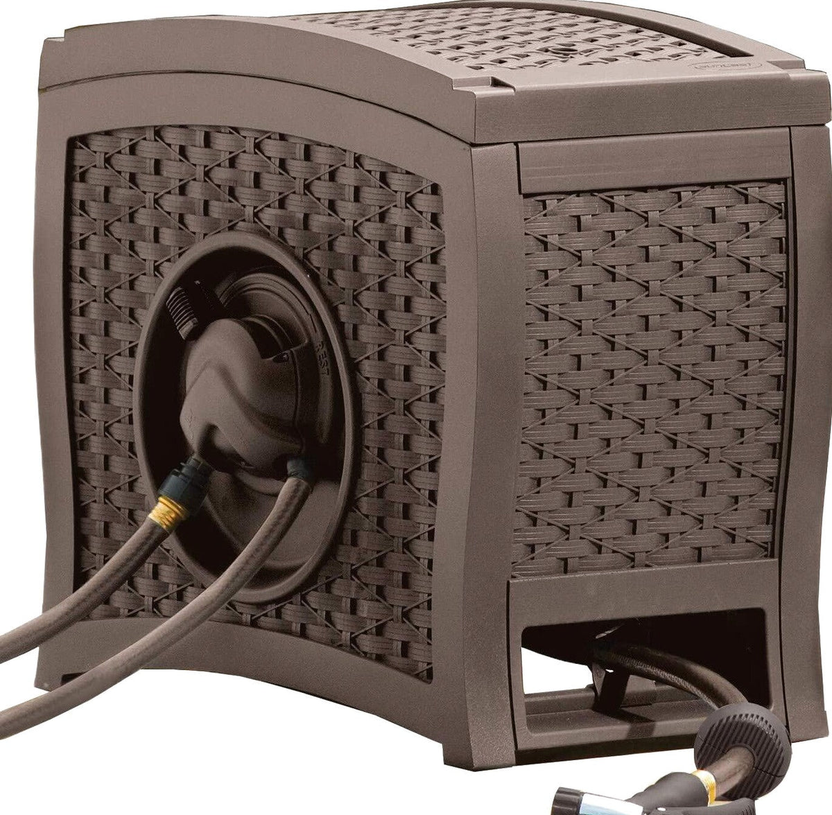 Suncast Aquawinder 125 Wicker Garden Hose Reel Lightweight Portable Hands Free Water Powered Retractable Hose Reel Java