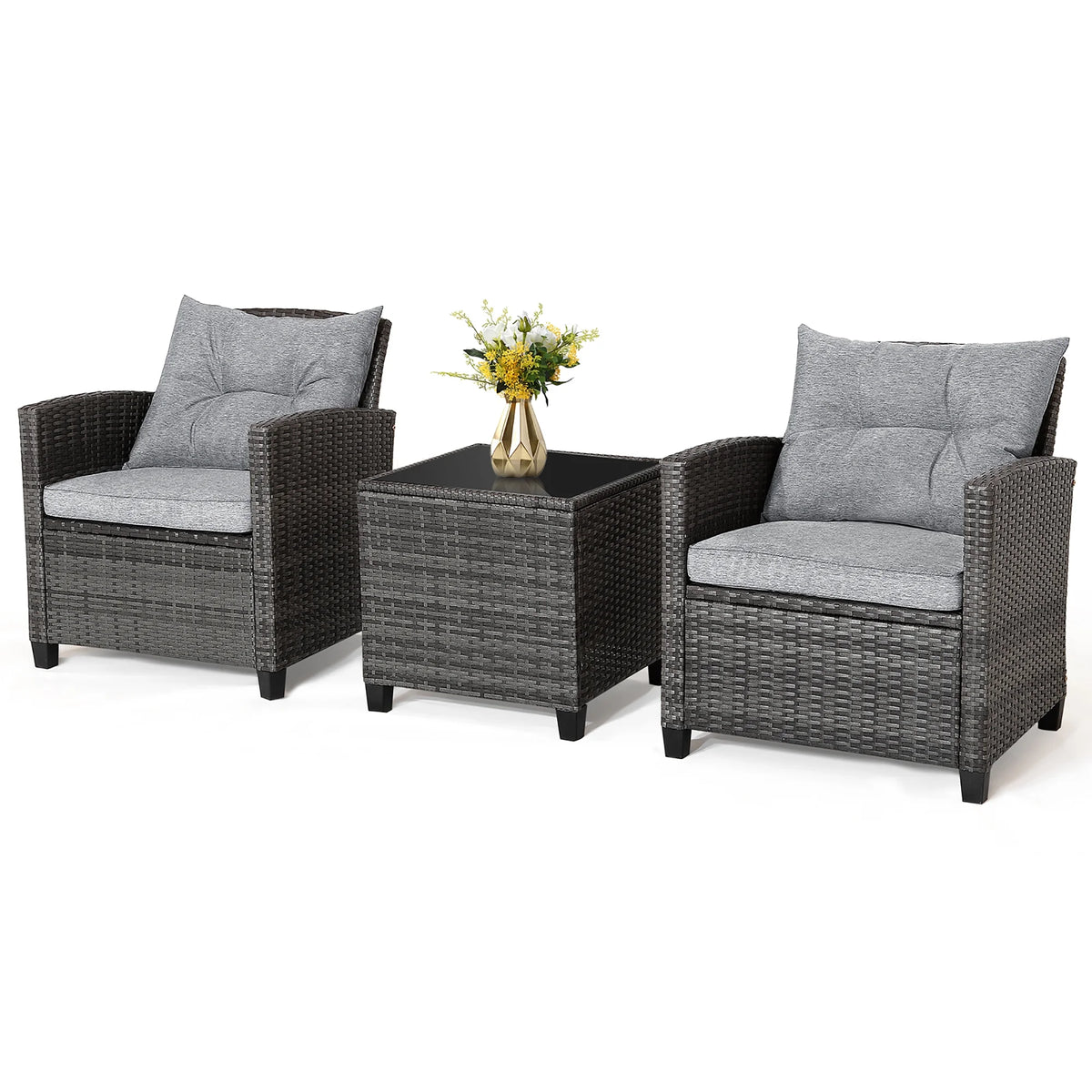 Gymax 3-Piece Patio Rattan Conversation Set With Glass Tabletop And Grey Cushions