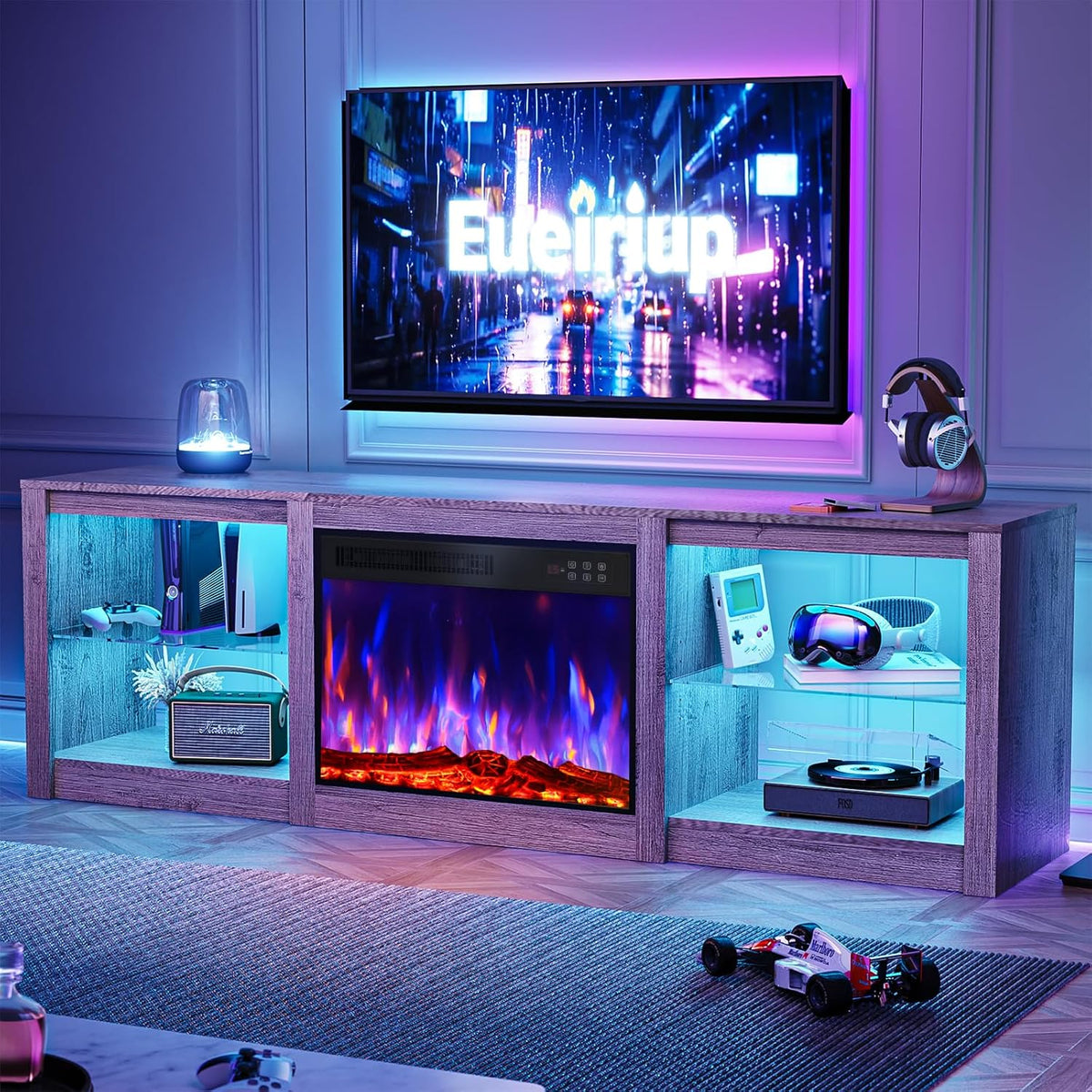 70 Inch Fireplace TV Stand For TVs Up To 80 Inches With 23 Inch Electric Fireplace Insert - Gray