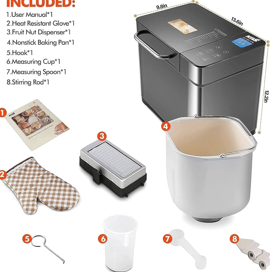 KBS 17-in-1 Stainless Steel Bread Machine with Dual Heaters